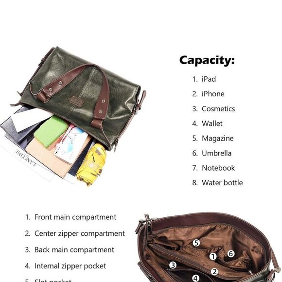 Fsiomo Satchel Pu Leather Dark Green Leather Tote Bag New No Tags - Picture 6 of 7